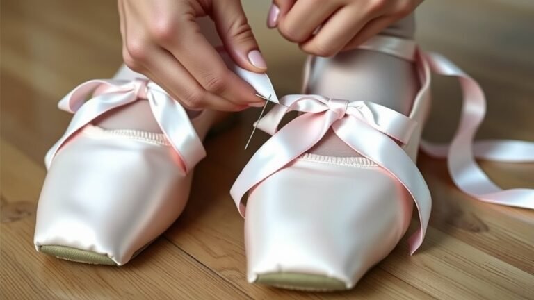 sewing ribbons onto pointe shoes