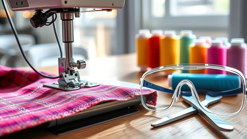 wearing safety goggles sewing